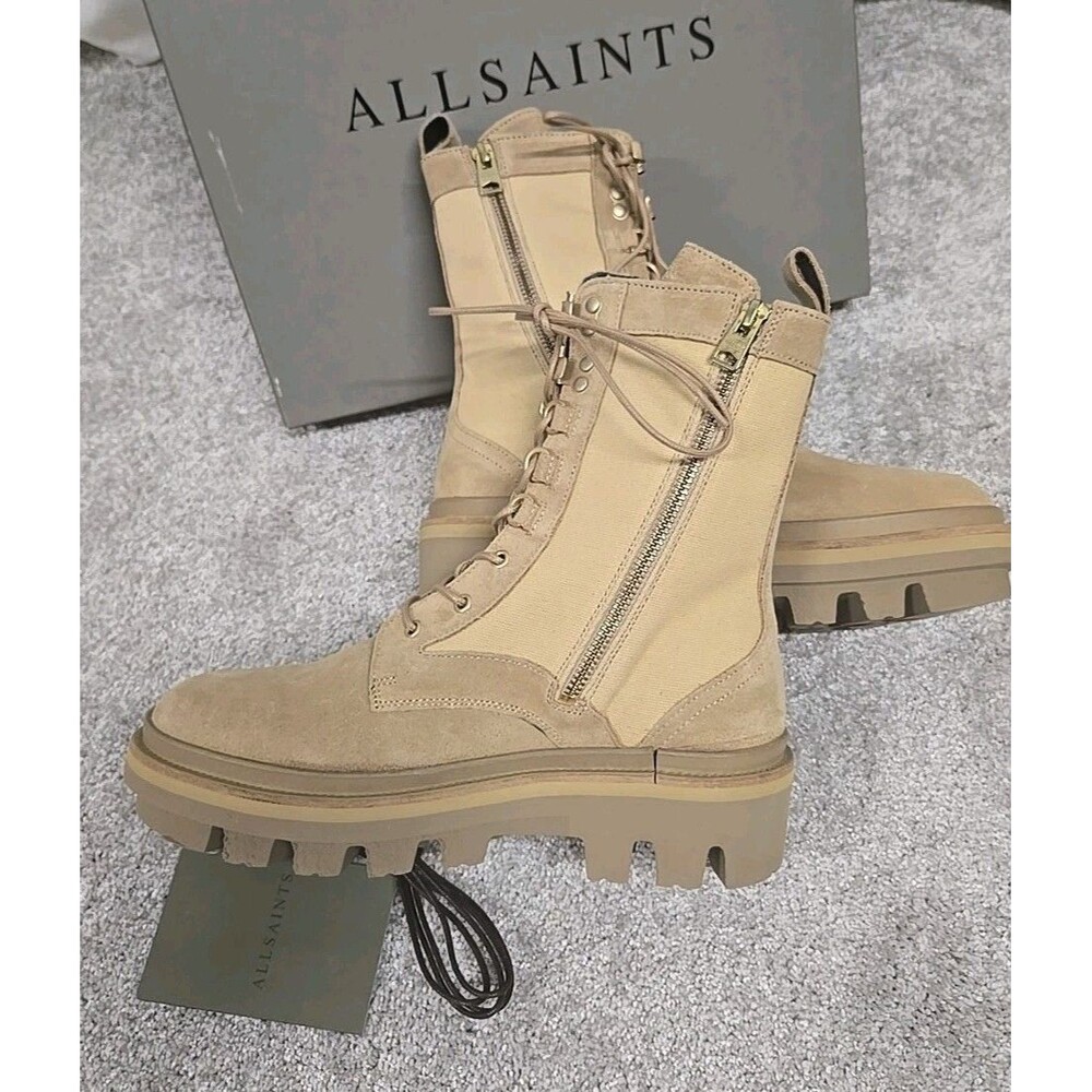 All Saints Beth Canvas Suede Leather Lace/Zip Up Combat Boots Sand Women's Sz 40 - Picture 4 of 9